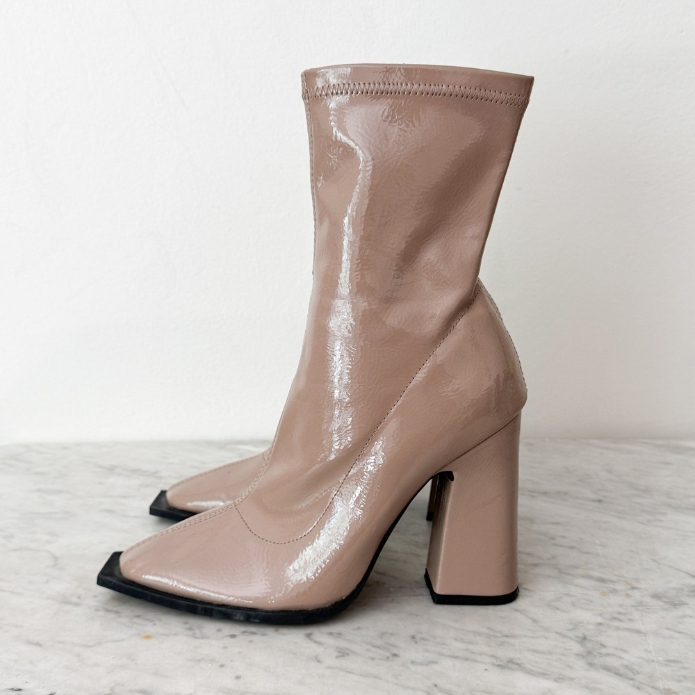 Princess Polly Barcelona Square Toe Block Heel Nude Patent Sock Boots Size 7